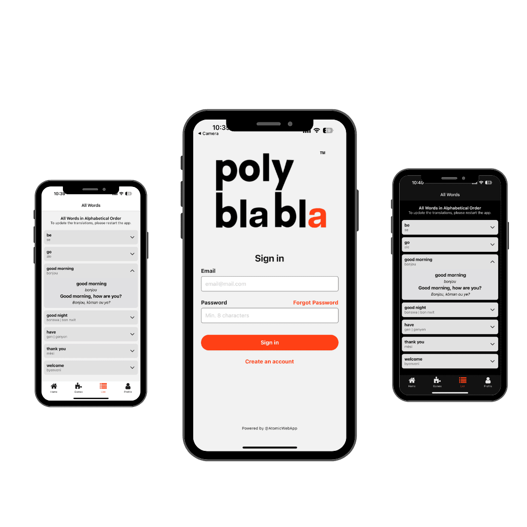 Poly Bla Bla app sign in screen for accessing language lessons and word list in alphabetical order shown in day and night mode